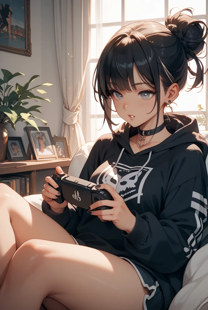 A girl with black short hair playing the video games have a red eye age is about 20 years old have playing Xbox game with her cute white cat in her room