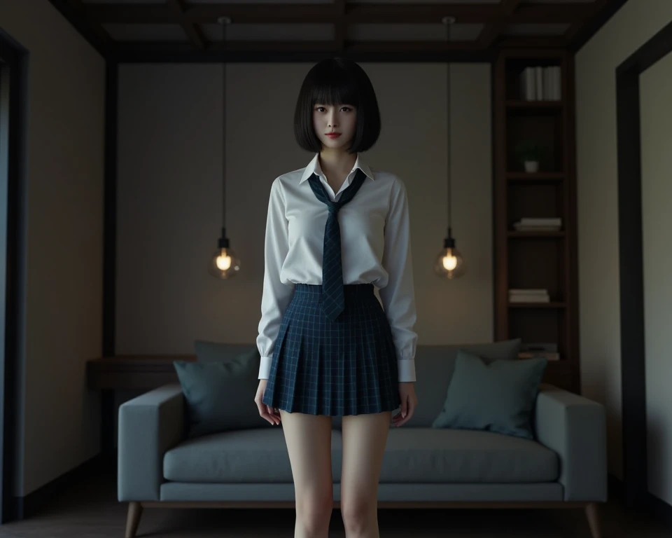 full body shot of sexy 19-year old, (Japanese school uniform), ((eyes glowing)), (calm look), stunning, black hair, fancy haircut, (confident pose),