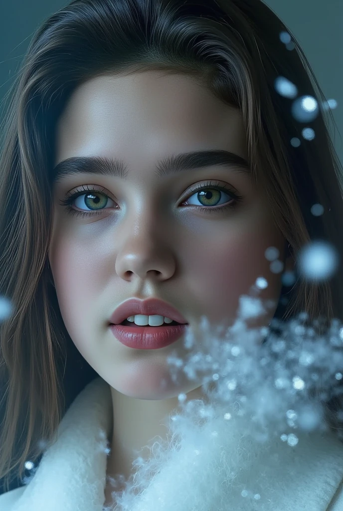 (masterpiece), (best quality:1.4), absurdres, [:intricate details:0.2], 1girl, tree, snow, solo, outdoors, water, mountain, small breasts, bikini, long hair, scenery, winter, lake, (looking at viewer:1.2), day, sky, reflection, completely naked