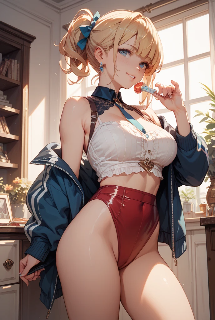 Masterpiece: 1.6, best quality: 1.4, live image: 1.2, intricate details: 1.2, charturnerv2: 1.2, 1lady full body character change, Appearance: young: 1.25, thin: 1.3, blue eyes, thick eyelashes,medium breasts, detailed eyes, quality eyes, Clothing: adapted costume, swimsuit:1.3 Accessories: red bow, red ribbon, Hair: blonde hair, short hair, semi curly hair, natural, shiny skin, (single background, white background:1.8), transparent Background, multiple views, multiple views of the same character in the same outfit: 1.3., character sheet: 1.2, multiple facial expressions: 1.3, seductive smile, sexy, shaded face, white legwear, white thighhighs, blush, nose blush:1.2