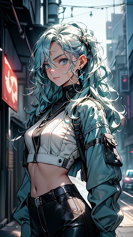 woman, long hair, blue hair, green eyes, wears a top, white top, over the tank top she wears a ziber coat that is half thrown down showing her two shoulders and one, color coat gray, wear jeans, wear earrings in her ears, make the color of her clothes match the color of her hair, the scenery is bright lights with a medium dark tone in the city