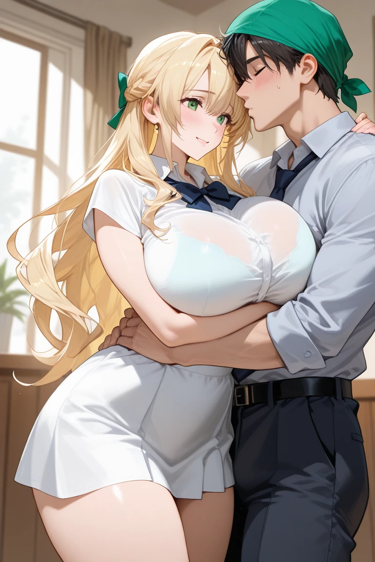 (Masterpiece, Top quality: 1.5), (1boy and 1girl :1.3), (Mythra :1.3),(breast grab from behind:1.3), a boy is with black hair, (Sailor suit, Pleated Skirt :1.4), (large breasts:1.3), standard weight, Blonde Hair, 16 year old, angry, (flustered:1.3), open mouth, beautiful scene of park
