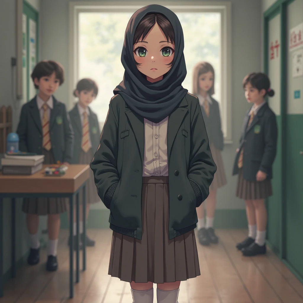 Cute girl with black hijab on, (brown eyes:1.5),
BREAK shirt, school uniform, white shirt, collared shirt, long black skirt, white socks, black mary jane shoes, full body view, standing straight
BREAK indoors, classroom,
BREAK looking at viewer, (cowboy shot:1.5),
BREAK (masterpiece:1.2), best quality, high resolution, unity 8k wallpaper, (illustration:0.8), (beautiful detailed eyes:1.6), extremely detailed face, perfect lighting, extremely detailed CG, (perfect hands, perfect anatomy),
