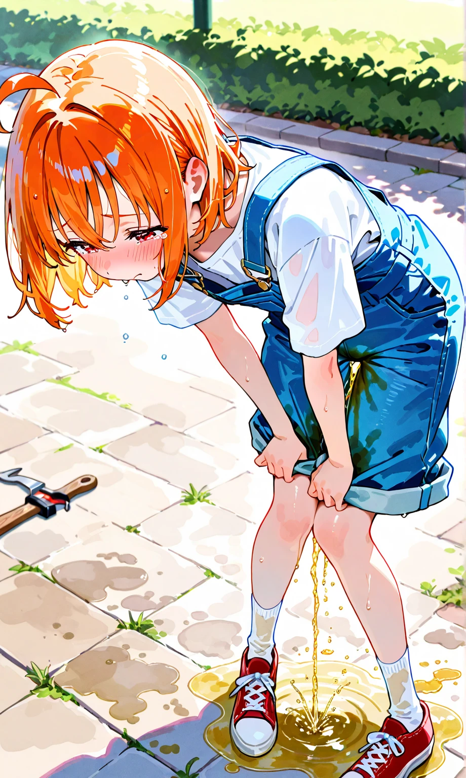 doki doki literature club, sayori \(doki doki literature club\), peeing herself, peeing, peeing self, very desperate to pee, at a train station, grey cardigan, full face blush, sad, crying, flustered, pubic hair, black stockings brown boots ruffled panties, peeing, peeing self, peeing, peeing self, pee puddle, puddle of her own urine is forming around her feet, red bow, short dress, petticoat, platinum blonde hair, sailor uniform, mini skirt