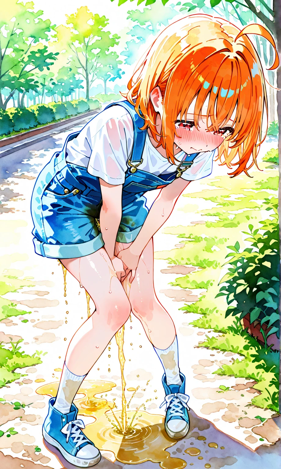 Anime girl with red hair and blue jeans leaning on