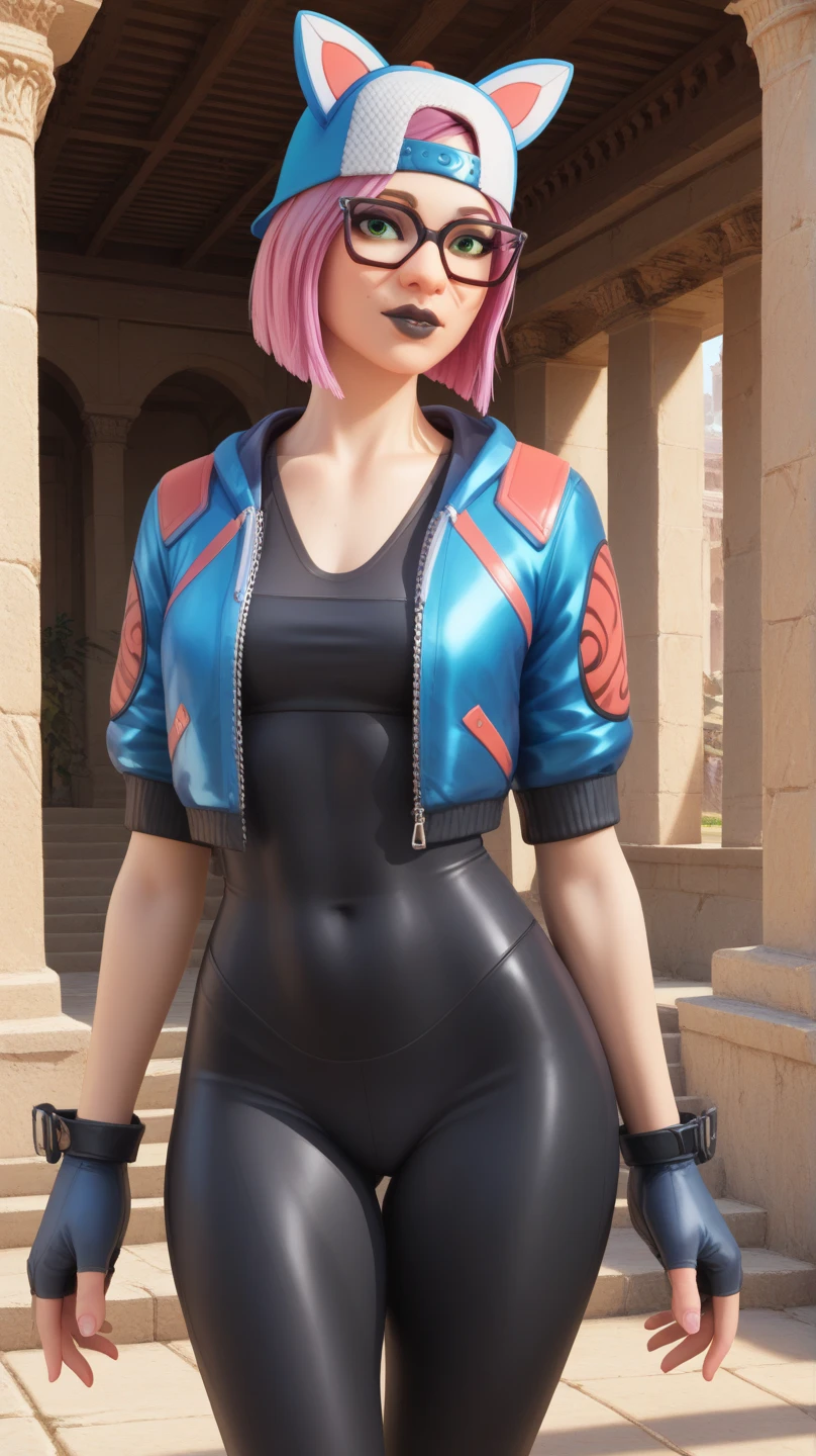 tiktok girl, (from_side:1.3) (crossed_ankles:1.2) pink_hair , hat , 2000s , blue lace_trim,leather , intricate formfitting bodysuit , over a cliff , jewelry, (full_body:1.4), (realistic:1.4), masterpiece, high quality, realistic lighting, center of frame, 8k, hdr, amateur, (freckles:0.90)