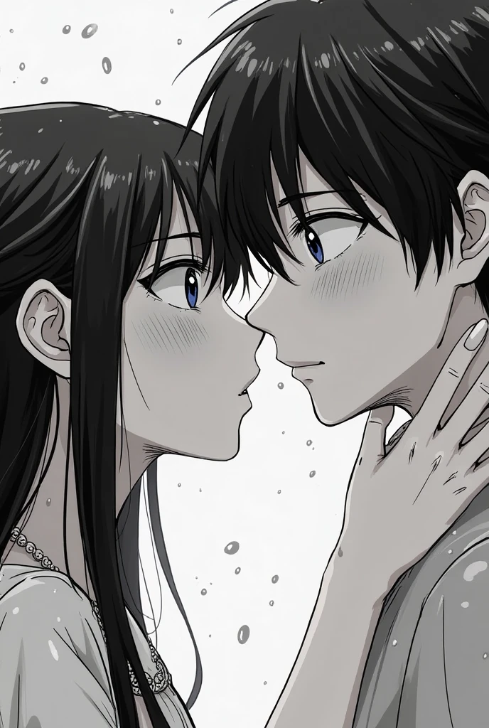 Her BF and her are kissing on the beach, she has short Black Hair a little long wavy, Sunburn, Beautiful Face, 15-year-old girl. Her BF has a handsome face, Looks hot, White skin anime version, Black Hair