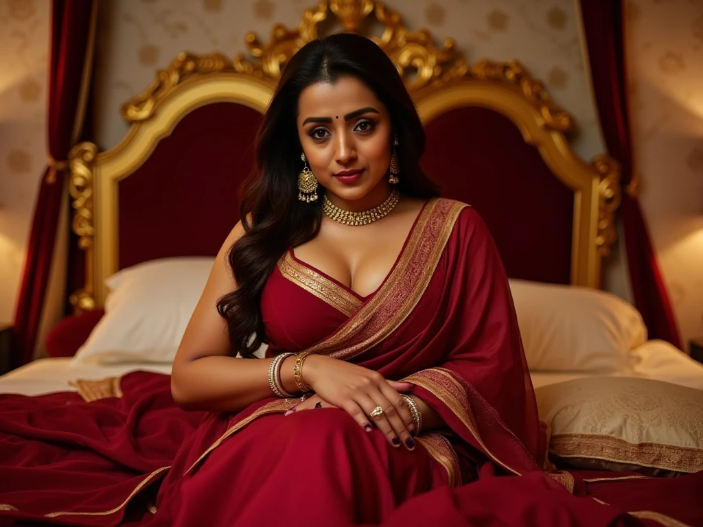 Capture the essence of opulence as a newly married Pakistani Kashmiri woman relaxes gracefully on her bed, adorned in a breathtaking saree. Her saree is a lavish deep maroon silk with a heavy gold zari border intricately woven with elaborate Kashmiri paisley patterns. The fabric glistens with rich embroidery, featuring precious gemstones and fine silk threads that create a shimmering effect. Paired with a matching, intricately embroidered blouse and opulent diamond jewelry, her refined demeanor and serene smile highlight her elegant and commanding presence.