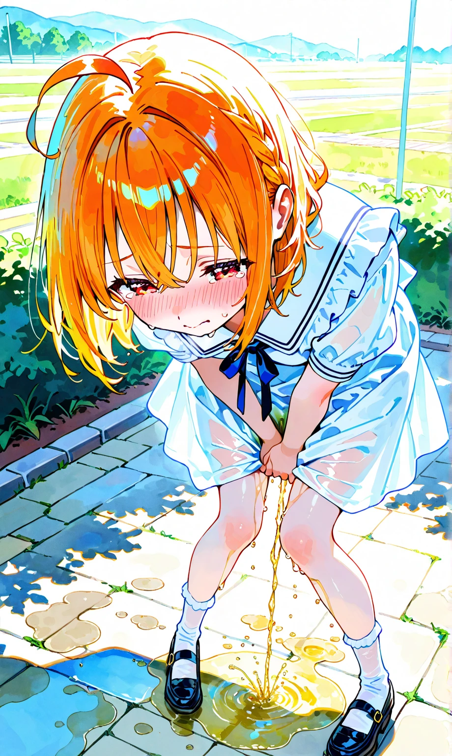 A young girl and a liquid orgasm and have sex,Too embarrassed face,Blonde short hair,Green Eyes,Summer uniform covered in cum,Height 30cm,Watery bushes,Cute and naughty,blushing cheeks,A lot of liquid goes into the pussy,My summer uniform melts into the liquid,