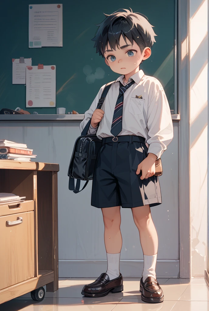 Boy pinching urine Teenage teen Short black hair Blue school uniform shorts White shirt Covering crotch Boy leaking urine Standing in classroom Class blushing embarrassed Sweaty tears Pants soaked