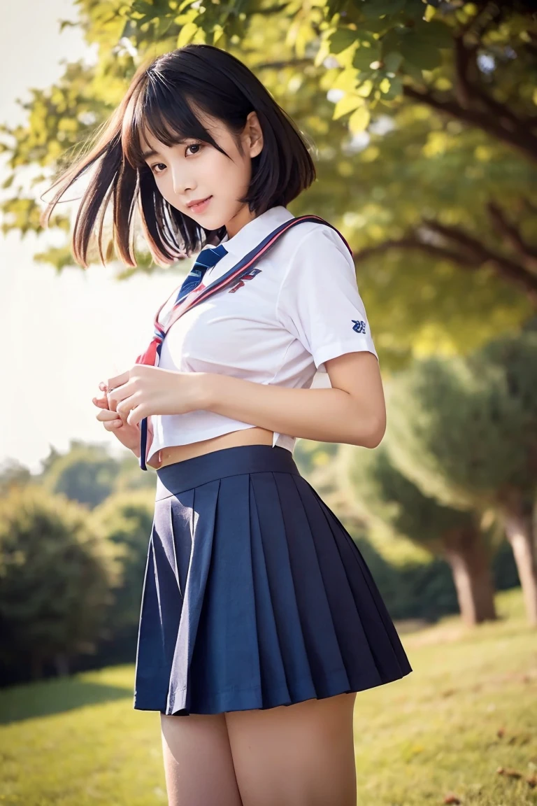 ((white short sleeve blouse、ultra mini pleated skirt、dark blue)), ((red tie))、 ((black boots))、((whole body esbion))、((side shot))、((、small and flat chest))、Beautiful girl with realistic black eyes, white skin, medium length black hair, perfect face, perfect eyes, very detailed, comprehensive movie, digital painting, 8K, cinematic lighting, highest quality, High resolution, detailed work, Post-processing, perfect results, surreal、Little dance、Frolic、My heart is excited