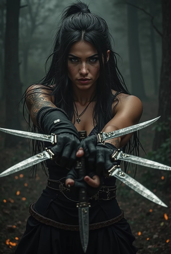 Girl with long wavy brunette hair wearing black necklace, black long jacket and black boots while holding short daggers with both hands