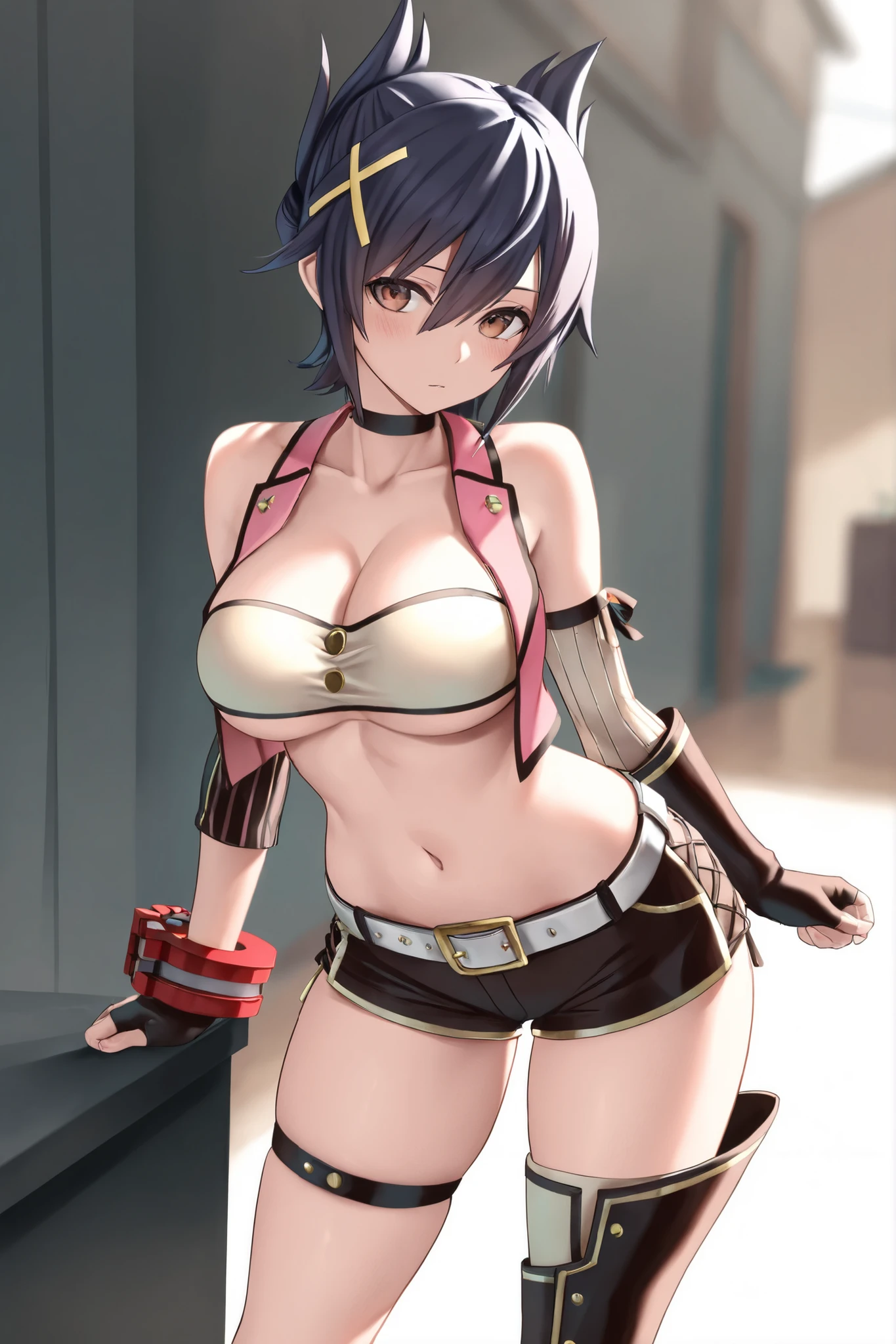 masterpiece, best quality, highres, onejuri, purple eyes, baggy pants, white pants, black panties, panties over clothes, standing, cowboy shot, evil grin,
