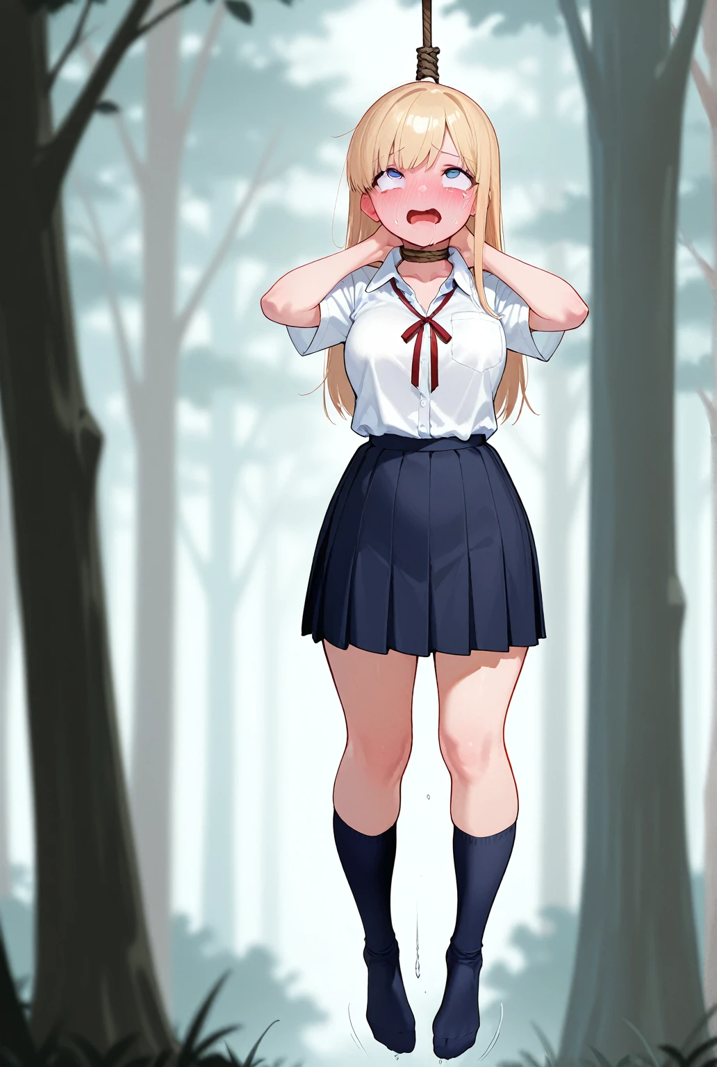 Full body image, front, One girl, 18-year-old, Mix 4, (32K, RAW Photos, Highest quality, masterpiece:1.2), (Anime-like, photoAnime-like:1.37), cute, Short sleeve T-shirt,Shorts,Black knee socks, night, rain, Humidity, Professional Lighting, Photon Mapping, Radio City, Physically Based Rendering, Super Resolution, (Big Breasts:1.2), {{The biological weapon that had preyed on the younger sister took her place and reunited with the older brother, The rebellious little sister has become the obedient little sister}}, Girl Skull, whole body, NSFW