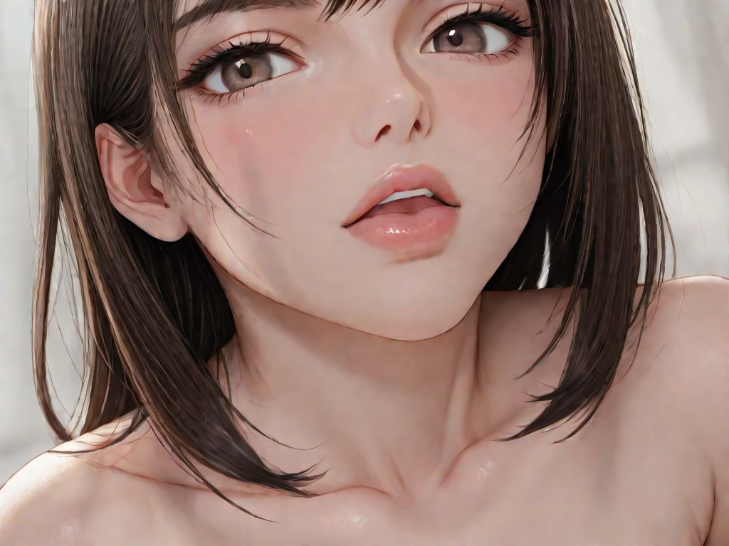 beautiful girl, long black hair, bangs, rounder face, droopy nose tip, small round red lips, round cheeks, intense dark round asian eyes, beauty spot above eyes, average body, slim upper body, chubby legs, soft stomach, short body height, flat body, ((upper body portrait)), ((nude)), solid white background, extremely exaggerated wide open mouth grin, extremely wide open mouth, maniac laugh, comical laugh, eyes turned up, looking up, taken from top