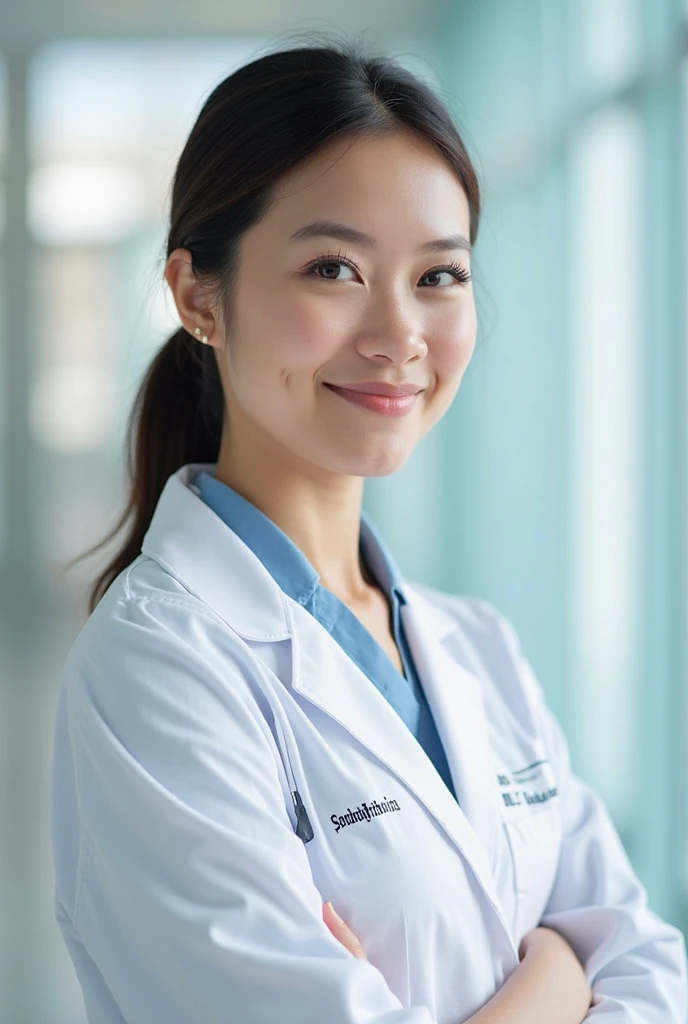 Dentist wearing white medical scrubs Japanese black hair 50s Upper body close-up smile Photo shoot at the clinic Highest quality Highest quality