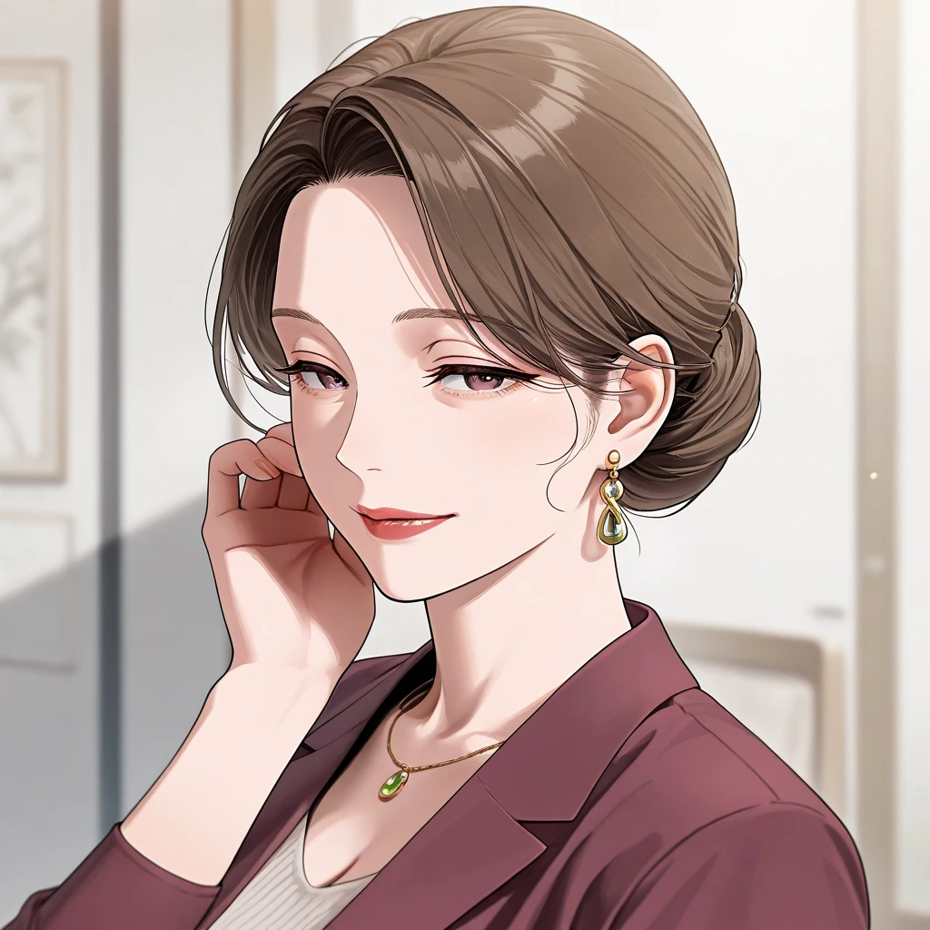 1lady solo, walking slowly, (silk blouse) pants, mature female, /(light brown hair/) bangs, light smile, (masterpiece best quality:1.2) delicate illustration ultra-detailed, large breasts BREAK (corridor of high-end restaurant:1.2) indoors, detailed background