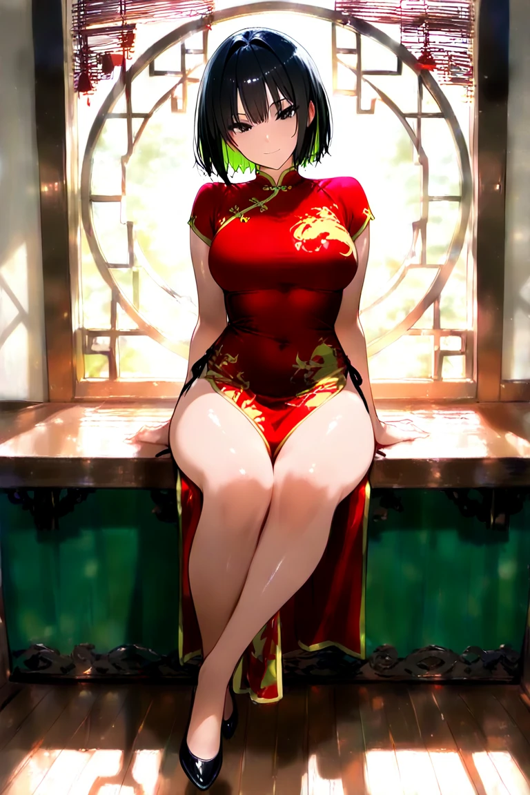 ((highest quality)), ((masterpiece)、1 girl、aldult、dominant、Feeling overwhelmed、Dark background、Swirling black fog and red neon dynamism、mafia、female boss、sitting on a chair、medium breasts、bad face、glare、red and black long cheongsam、high heels、creepy room、green hair、purple eyes、Dynamic eyes、sense of presence、fear、Beautiful leg lines、short hair、パッツンforward髪、round glasses、beautiful face、beautiful eyelashes、front、Distance away、forward、frontアングル、looking at the viewer