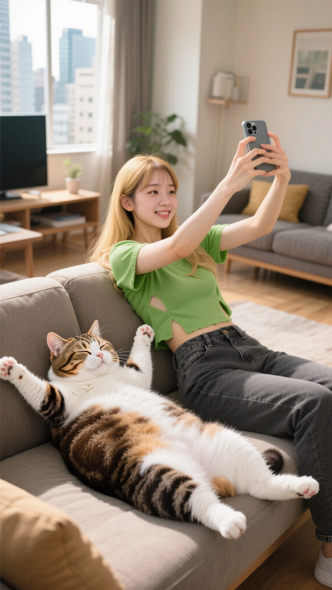 A Japanese girl in 12 years old wearing glasses with short bob silky hair in pigtails, topless wearing a jeans shorts , lying on her stomach with her legs up on the living room fur carpet, holding a smartphone, smiling faintly while looking at the cellphone, with a cute cat beside her, facing an intricately designed room with beautiful pastel colors, capturing a moment of relaxation and friendship, in oil paint and fine ink paint style.