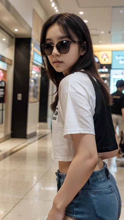 1 girl, solo, phone, shorts, cell phone, long hair, denim, brunet, iphone, midriff, navel, selfie, denim shorts, shorts, holding the phone, torn clothes, truncated, reality, holding, brown eyes, white shirt, crop top shirt, looking at the audience, shallow smile, real photo, HD texture,