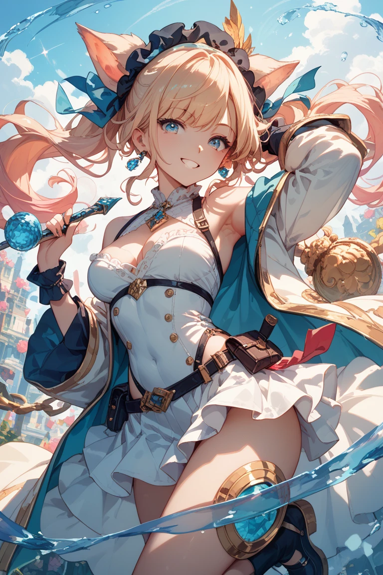 ((Mucha's style)),(vulgar),Big-breasted Pussy Woman Warrior, full view,Sexy poses,vulgar smile,blue haire, short haire,muscular woman,(heavy Gold armour))