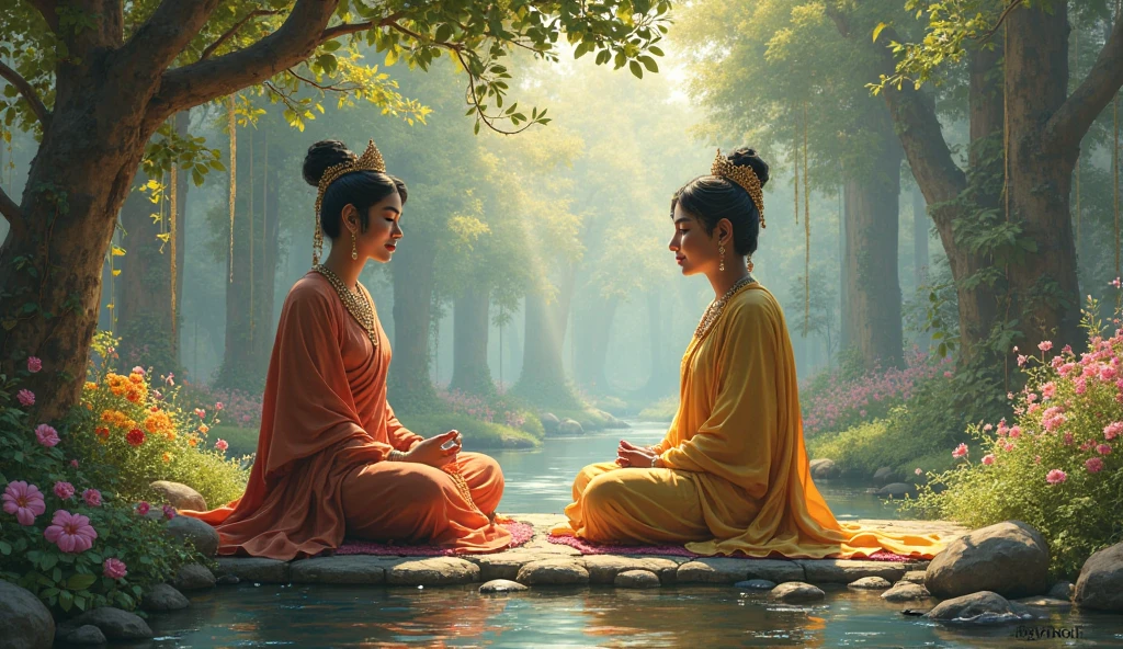 Pale white skinned North Indian slave woman with dark skinned daughter, and dark skinned south indian slave woman with pale white skinned daughter, gupta era, both have a similar build, both are sitting in lotus pose beside a lake, threaten eachother with a kiss while their daughters are in the distance kissing in the lake