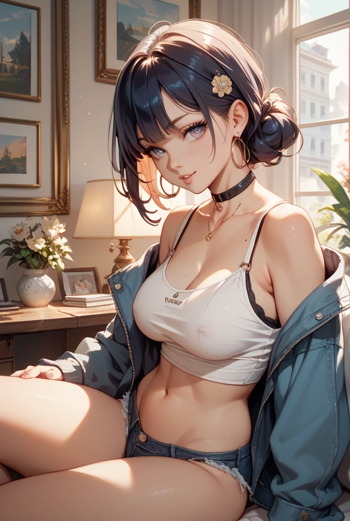 ((masterpiece)),(bestquality),((ultra-detailed)), (( blurry night background)), (dynamic angle),((beautiful detailed eyes), ((dynamic poses)), large breast, pretty face, ((sexy)), ((sexy bra)),((kujousararnd)), ((short jeans)),