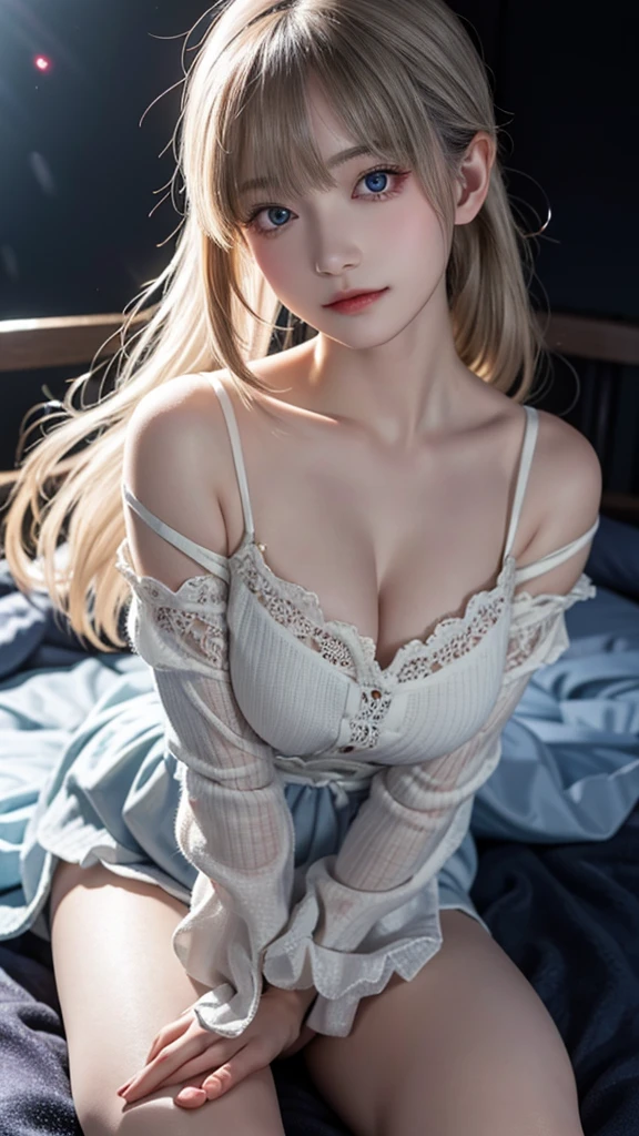 NSFW, cinematic lighting, ray tracing, mix, hyperrealism, Hasselblad, 85mm, F/1.8, multiple views, First-person view, Angle elevation, Best Quality, Masterpiece, anatomically correct, textured skin, There is a very young maid., Downblouse, At 18 years old, in a romantic bedroom, she has a Filigree, delicate, Fragile, . The Face is small, unusual, attractive, innocent, very delicate, mouth slightly open, the eyes are almond-shaped and alert, the pupils are grayish green, long eyelashes, Better proportions, Flawless skin, Fine-pored and velvety skin, wide lace collar, (elaborate short oFF-shoulder maid dress with lacing at the Front:1.3), (very long blonde wavy hair: 1.2), thin waist, narrow hips, thin legs, skinny Figure, bare legs, ruFFles, bedroom, bed, ruFFled satin, complete person, sitting on the edge oF the bed. she is shy and nervous, because this is her First job so she is desperate to make a good First impression.