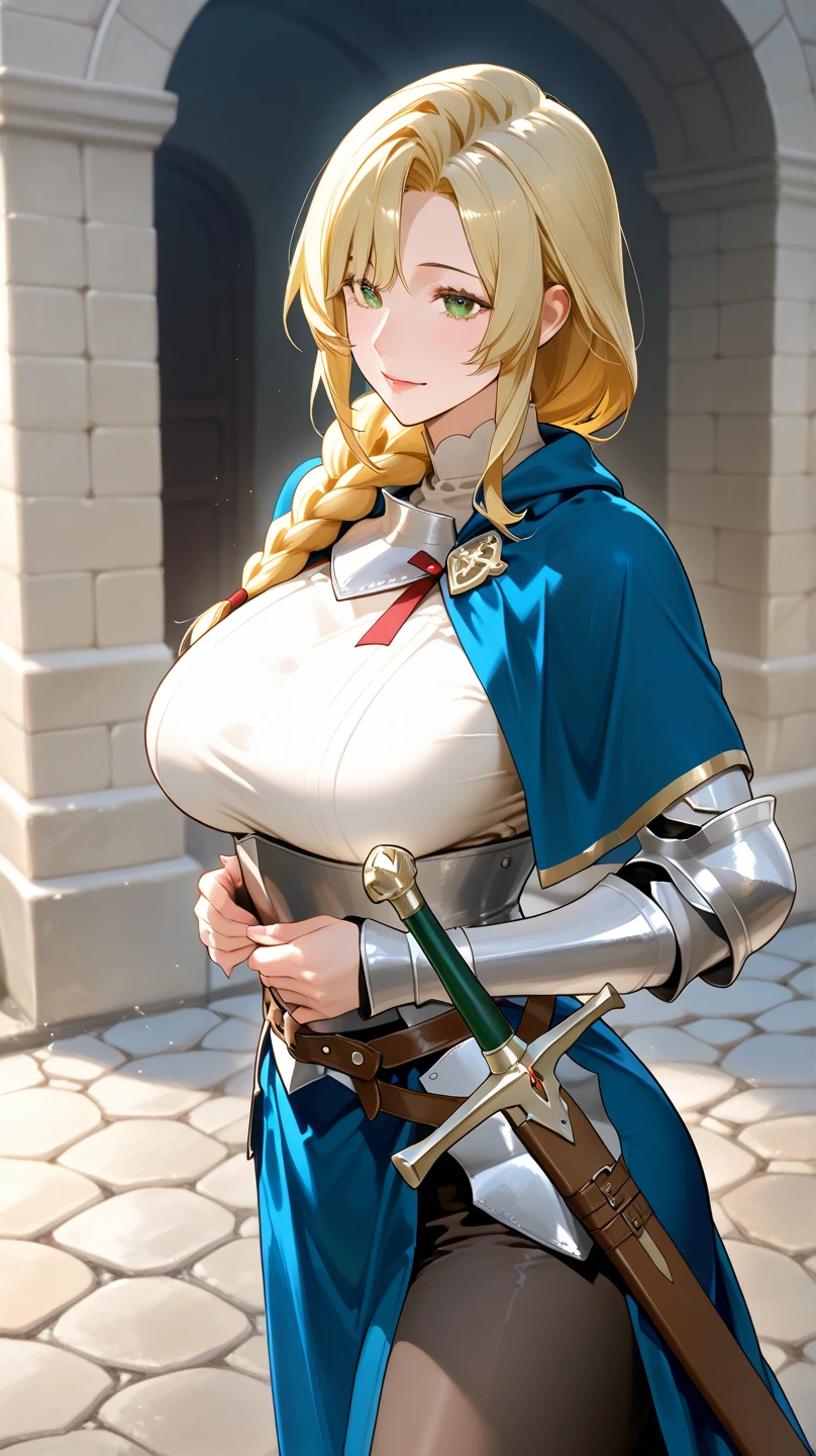 upper body of paladin lady in ornate golden armor, black collar, pauldrons, breastplate, corset, glowing halo, single braid, blonde, yellow glowing eyes, bright pupils, eye focus, red cape, temple indoors, stained glass windows, night, moonlight, particles, light beam, chromatic aberration, left hand on hips, right hands peace sign,