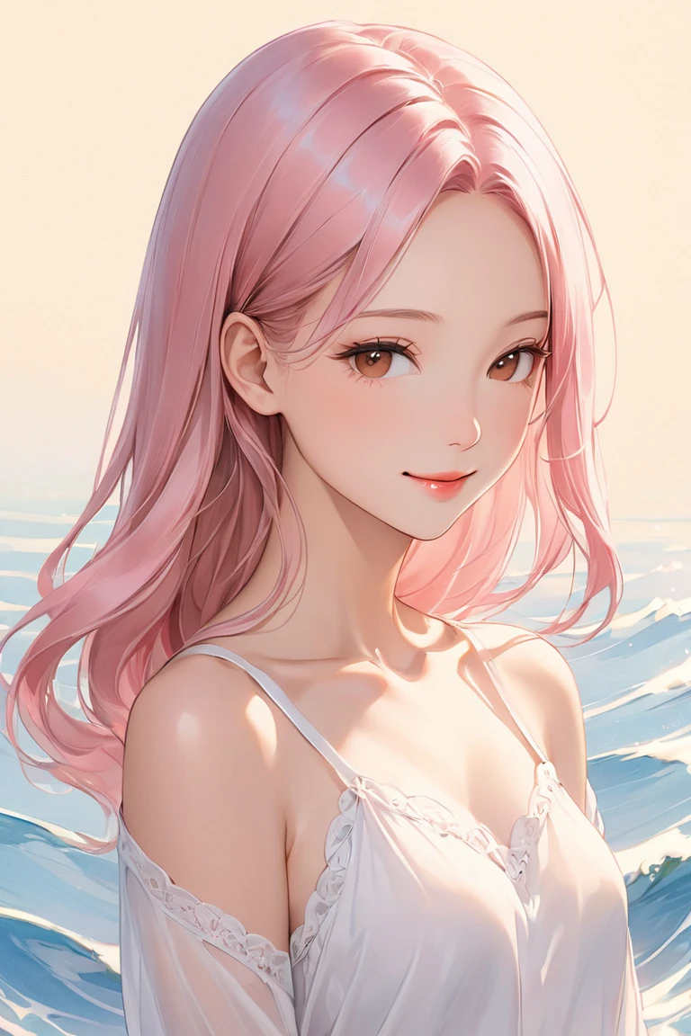 tmasterpiece,high qulity,8k wallpaper,An elegant woman,Beautiful face,ssmile,light make-up,Clavicle chain,,Sexy buttocks,posterior view,Skinny print pink dress,accentuate figure,Grass background,baiyun,blue-sky,Epic-level graphics