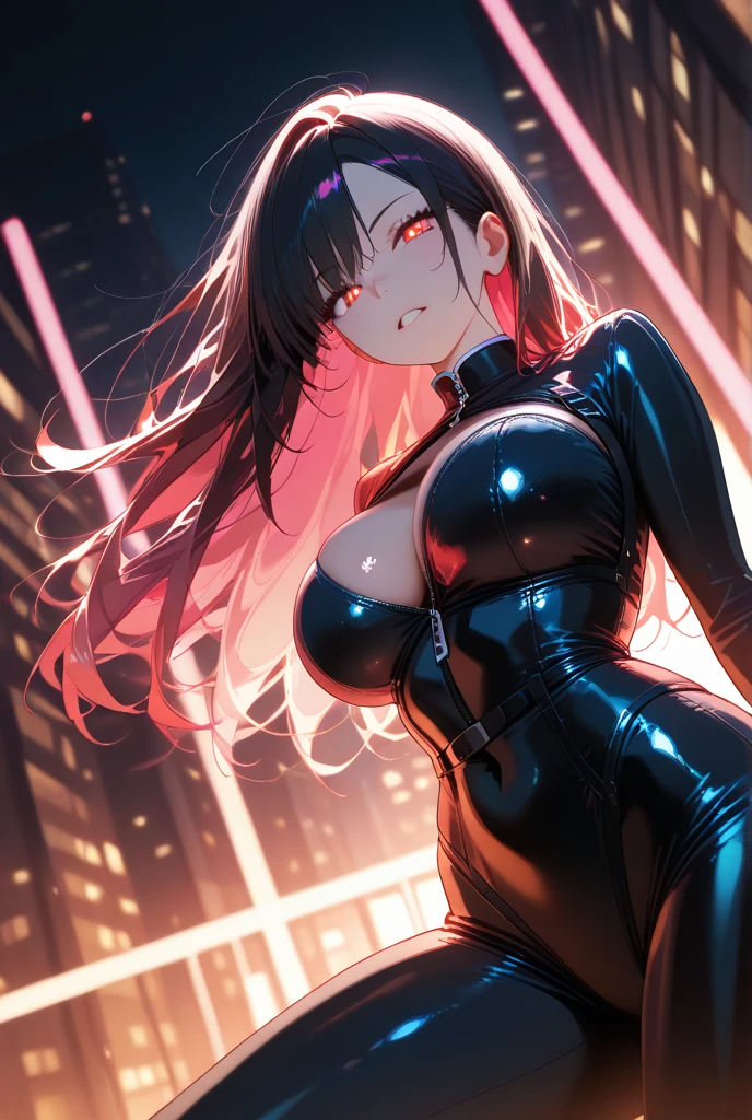 [Sheer black one-piece], [huge tits]，Ahegao，1girl，red eyes，glowing light eyes，shiny oiled skin，red in the face，cyberpunk street，rays of sunshine, fit, sexy, natural pink lips, perfect face, nsfw, black hair