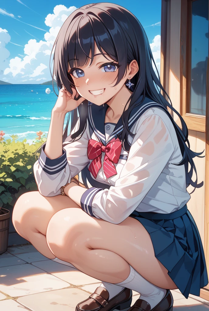 detailed background, cinematic lighting, dynamic angle, lens flare, 1girl, sailor uniform, beach