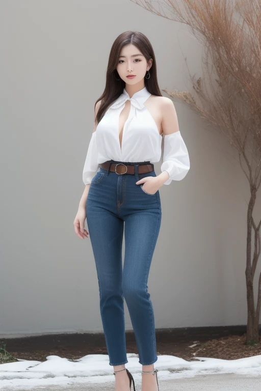 Best quality, realistic, (photorealistic), very detailed, very delicate and beautiful, (RAW photo), professional lighting, face lights, depth of field, 1 girl, solo focus, full body, 27 year old woman, (Rinascente shop window: 1.2), light brown long hair, brown eyes, small head, fashion girl, fashion hairstyle, Japan model, lighting on face, Beautiful eyes, big breasts, real face, real skin, real face, realistic skin, detailed eyes, detailed facial features, (natural face, happy look), detailed clothing features, wind, light makeup, white halter neck, dark navy blue jeans, (belt with Gucci logo): 1.3, long boots,