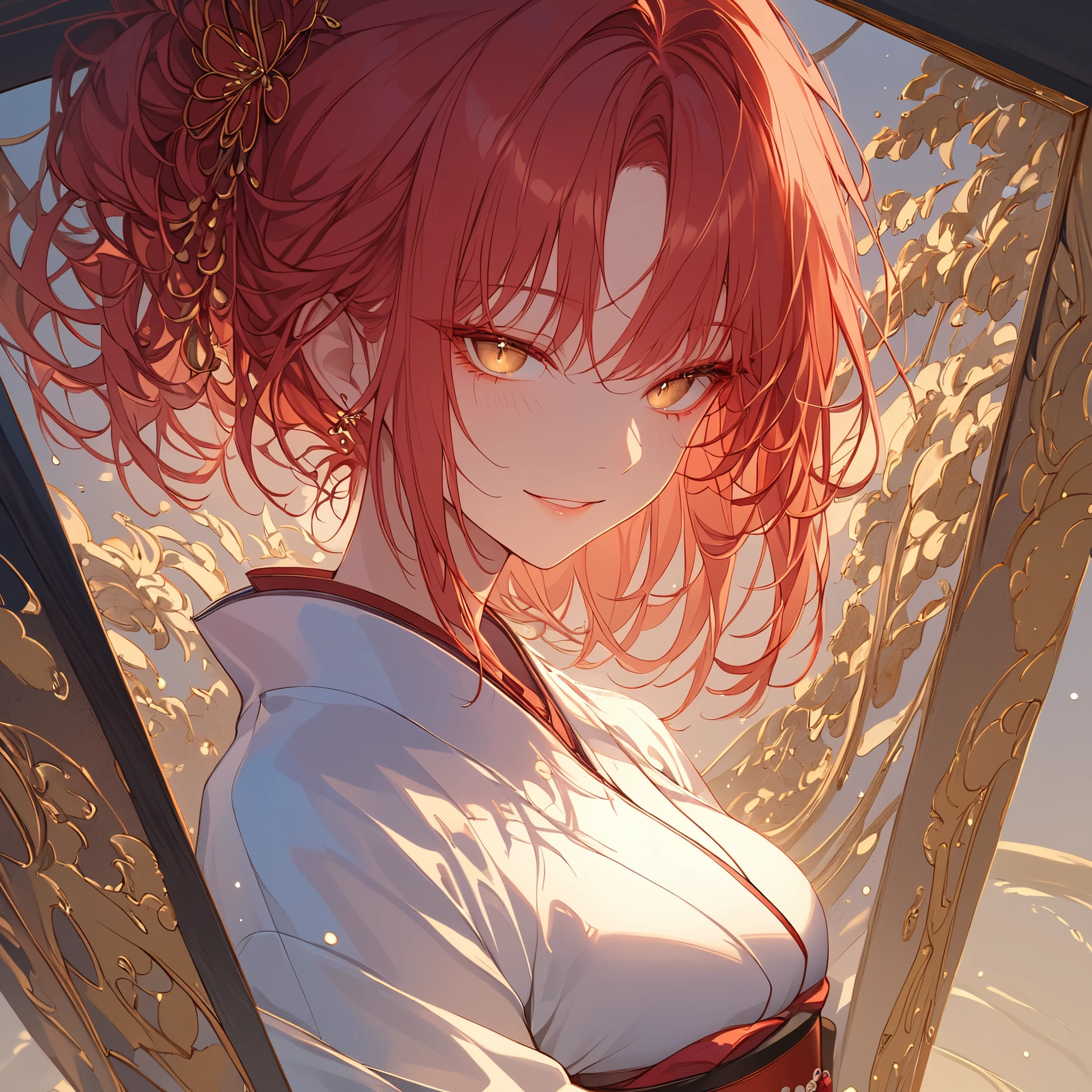 8K, RAW Photos Box, better quality, masterpiece: 1.4, Ultra-high resolution, extremely detailed, soft lighting, ((1girl)), red hair, golden eyes, kimono, seductive smile,