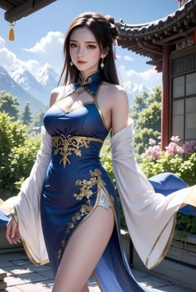 realistic, 1 women, best quality, 12k, HD, long hair, big round breasts, cleavage, ponytail, necklace, jewelry, shorts, short jacket, slim hips, hair tie, yellow eyes, black hair, super detailed, Eye details, hair details, person details, mouth details, face details, breast details, clothes details, hair details, pants details, hand details, whole body