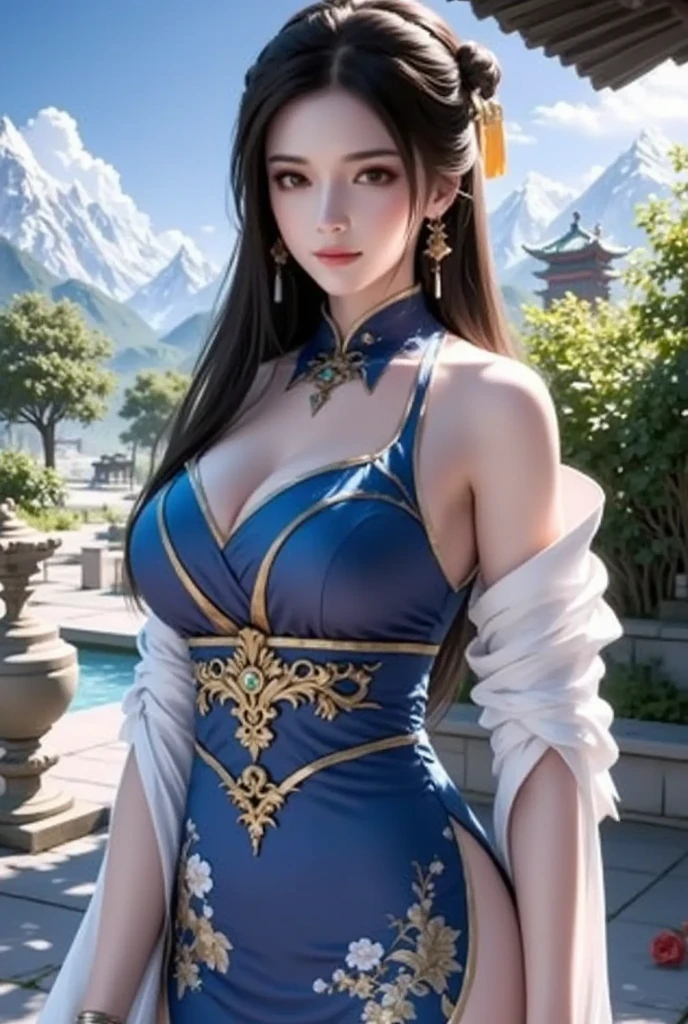 painting of a woman sitting on a rock with a statue behind her, ((a beautiful fantasy empress)), a beautiful fantasy empress, beautiful fantasy art, beautiful fantasy maiden, by Yang J, a stunning young ethereal figure, digital fantasy art ), art of wlop, very beautiful fantasy art, beautiful and elegant elf queen, by Fan Qi, wlop art