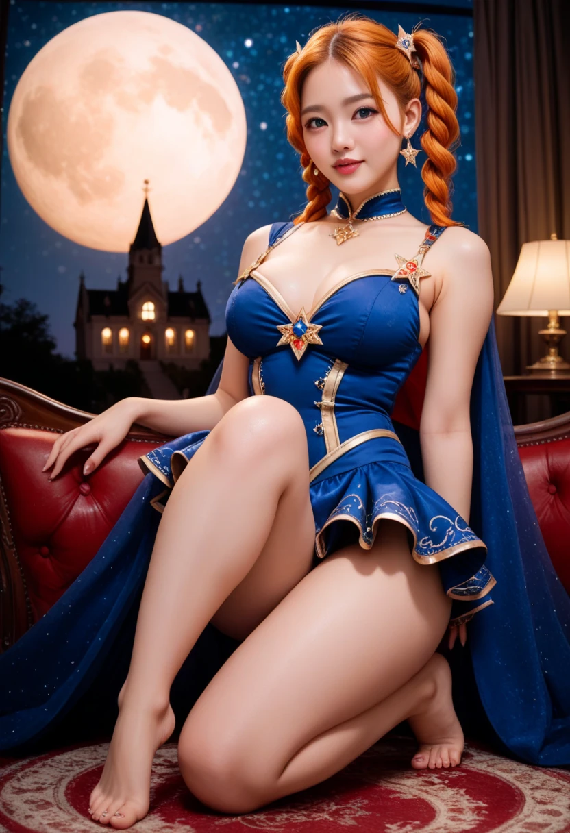 woman with long creamy orange hair , wearing a sexy royal blue and black outfit , moons and stars pattern , she wear a silk robe , hoop earring , she in her bed room