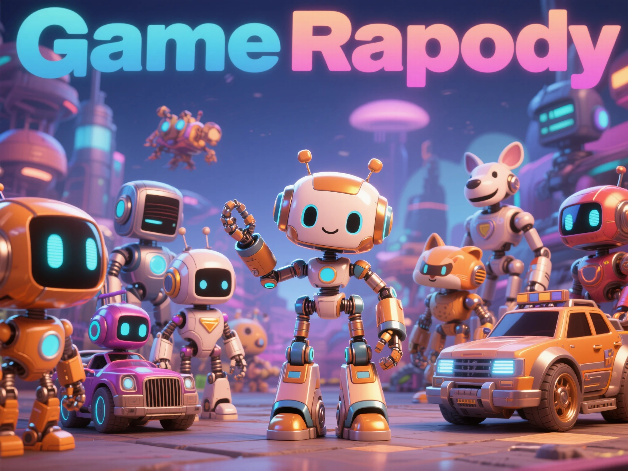 Game Rhapsody. 3D animation. Cute robots. Robot world. A story of various robots interwoven with each other. Drawn with a comedic touch. A story of a world where various robots, including humanoid, animal, vehicle, and combat types, coexist. Beautiful colors. Shiny and metallic.