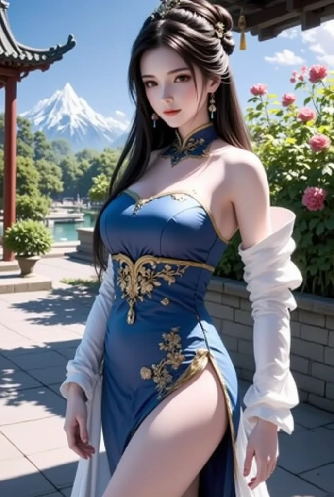 (masterpiece), best quality, HD, realistic, expressive eyes, perfect face, blue eyes, greeneyes, black choker, ruby necklace, sandals, hair intakes, blue dress, bare shoulders, earrings, dress, flower, jewelry, gloves, beads, white flower, thigh strap, hair ornament, cleavage, medium breasts, bangs, black hair, hair between eyes, long hair, breasts, chinese dress, ruanmei official, clothing cutout, aqua lingerie, aqua shorts, hair intakes, lipstick, chinese clothes, single hairbun, abs, muscular, cleavage, breasts, brown hair, RuanMei, 1girl, full body, mistress, milf, lab coat, aqua shorts, ruanmei, whorish, basketball background, busty, milf, curvy, midriff, tall, pubic hair, heels, vaginas, pussy, colonial