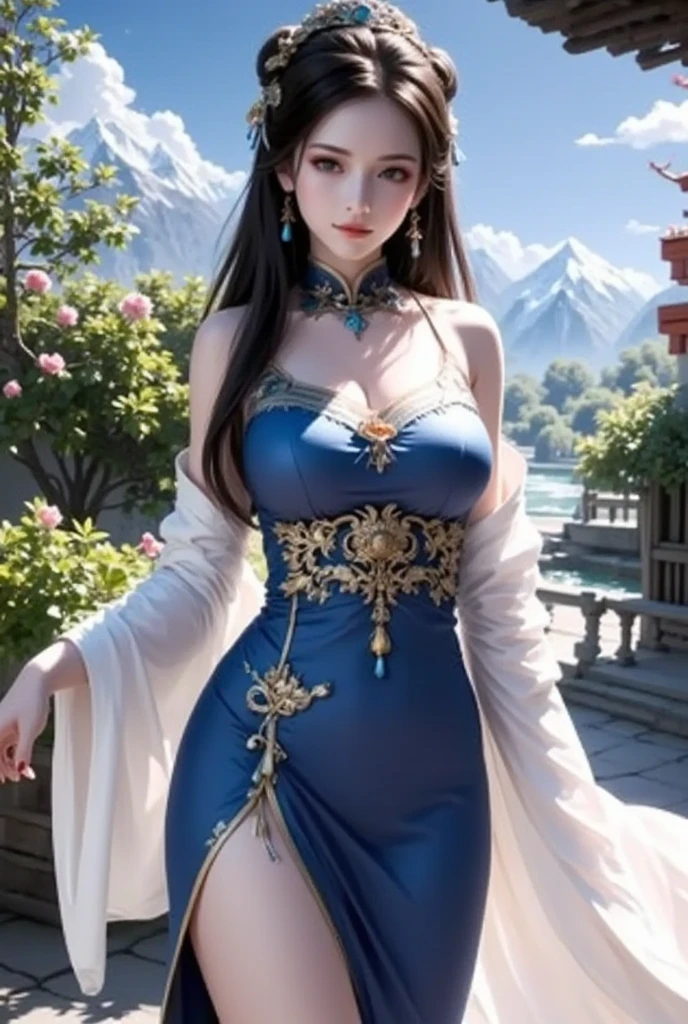 Best quality, best lighting, superb photo, best texture, silver blue flowing long hair, simple braided hair, sensual intellectual cool temperament beauty, red long dress, low-cut tucked outer skirt, ferret hair embellishment, gold exquisite belt, perfect body, pointed long and exquisite hair accessories, sense of atmosphere