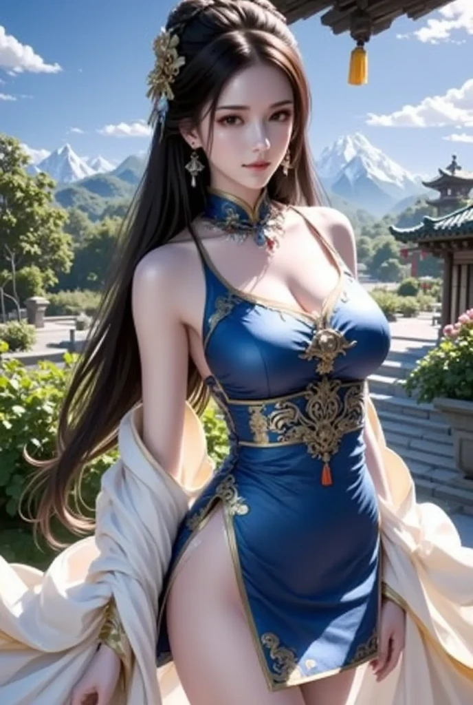 Upper body, masterpiece, best quality, high resolution, long brown hair, jewelry hairpin, fat buttocks, stream stone or temple or bridge, pole suit, sitting, (Song dynasty, Song costume: 1.2),