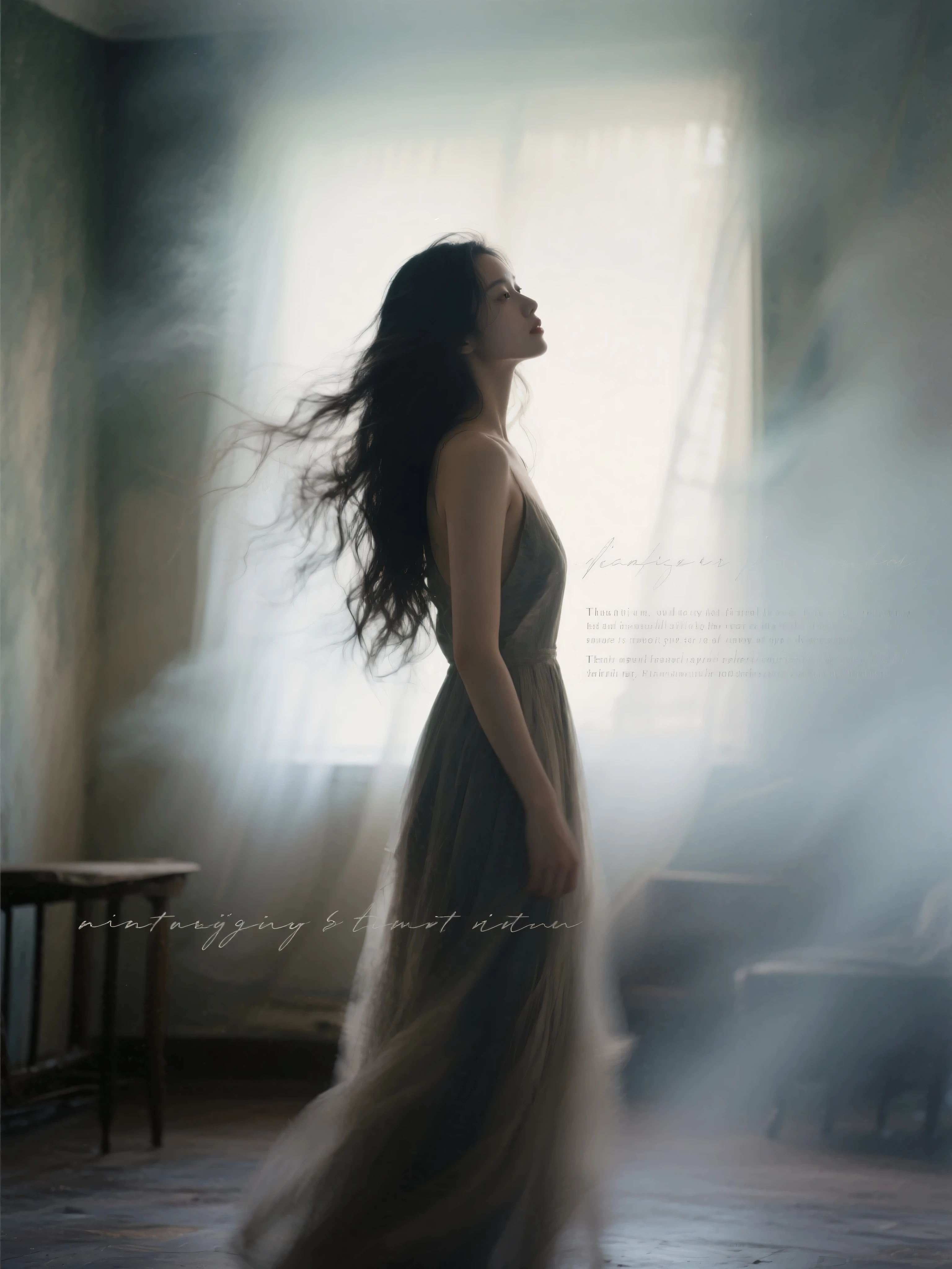 Good-looking woman，long hair messy and flowing，portraits and interior scenes，mood fusion，blurry gradient transition，font innovation，Low saturation，Dark，Light， atmosphere under the stars，Layering，perspective，High noise ，film particles，Hazy Aesthetics ，Dynamic aesthetics，Surrealism， Classy，English message embellishment。