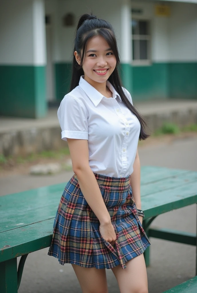 17 year old Indonesian high school woman, long hair, white skin, smiling, fat, big breasts, sexy, wearing a white short shirt, red short skirt