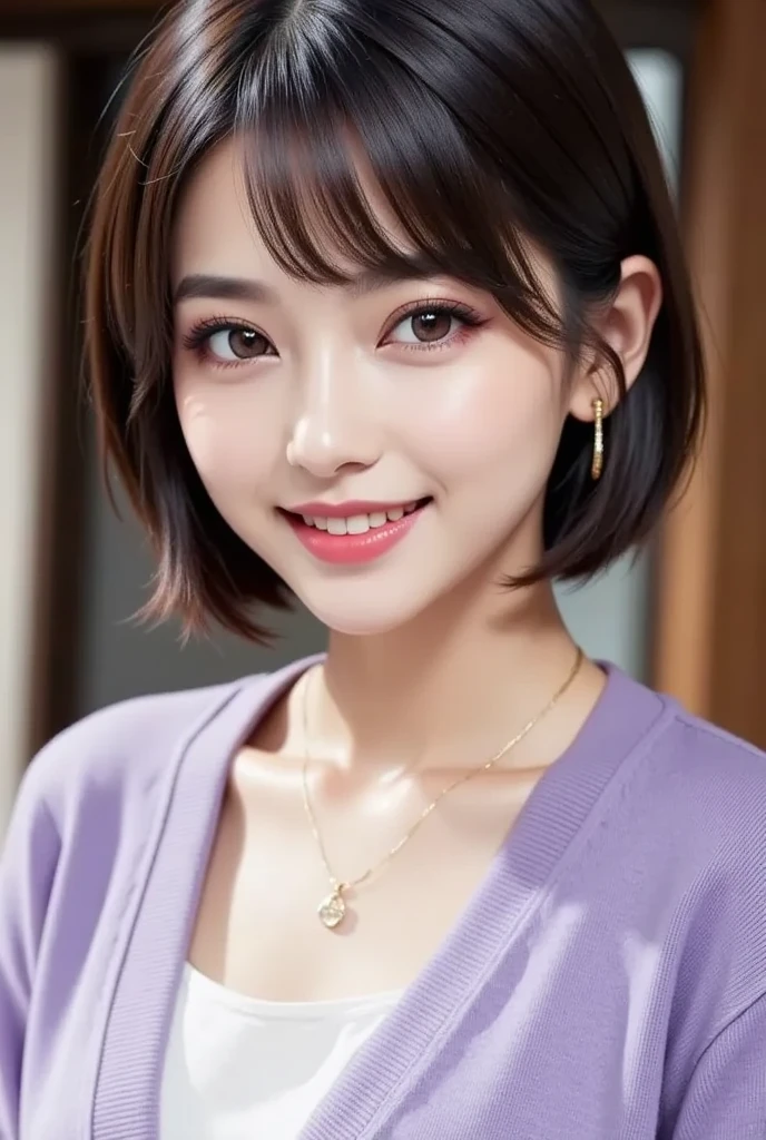 Beautiful young woman of the year、 Korean women、Black Hair、Wavy Hair、short hair、ear piercing、Necklace around the neck、blouse、smile, Beautiful teeth alignment、Intricate details, Very detailed:1.2), 、 Looking into the camera,The background is the town