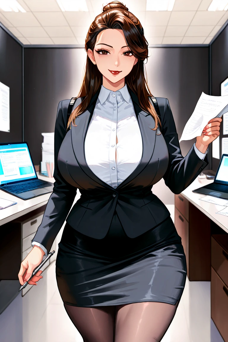 1 girl, brown fur,-brown Very long hair, mirl eyes, pretty eyes, large eyes, long eyelashes, big lips, bright lips, very curvy body, big breasts, long legs, big butt, Wide hips, thick thighs, Defined image, seductive look, office look, classy office clothes, Red lipstick, eyeglasses, pen in hand, approaching the object, face to face with the object, looking down, showing the point where to sign on the paper in front of the object