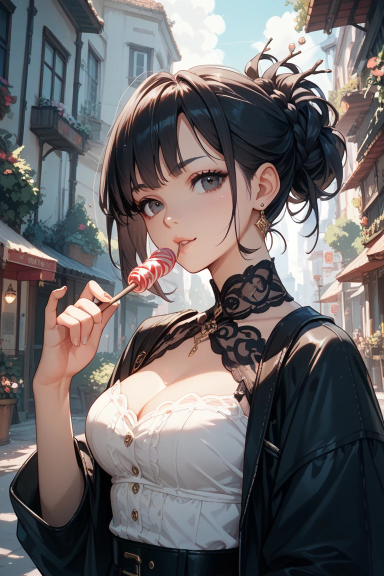 The Masterpiece、Realstic、best qulaity、Squint、Beautiful woman licking up a large soft-serve ice cream with her tongue、photorealestic, ponytail black hair, wearing a green dress, 8k