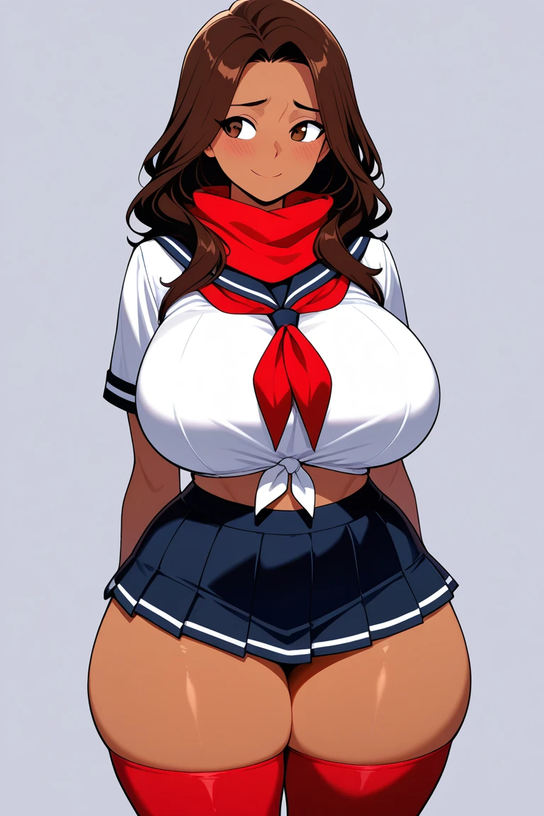 grey background 1girl black hair yellow eyes very long hair pale skin angry (bodybuilder huge breasts muscular toned body curvy wide hips thick thighs) (((school uniform))) (((school uniform)))