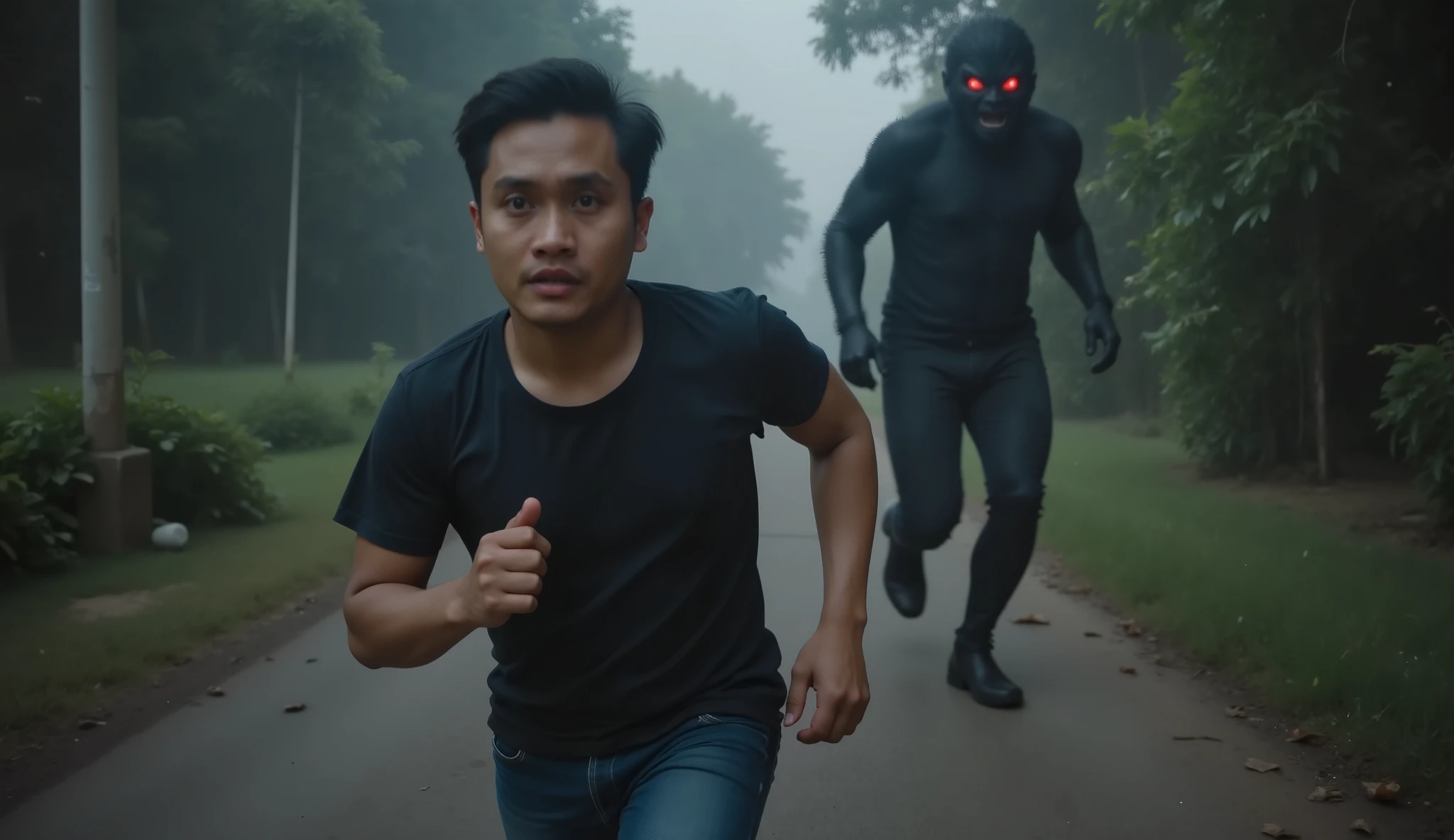 A terrified young Indonesian man running at night with a panicked expression — wide eyes, open mouth, tense brows. He is around 25 years old, wearing a t-shirt and jeans, sprinting forward on a foggy rural path. Behind him is a dark shadowy creature covered in black fur — a tall, humanoid figure with glowing red eyes and long limbs. The creature appears to be mid-run, chasing the man. Its form is terrifying but unclear, like a demon or forest spirit made of shadows and fur. The atmosphere is dark, misty, with cinematic horror lighting. Motion blur on both figures adds to the urgency. Focus on the man’s expression and the disturbing presence of the furry shadow creature.