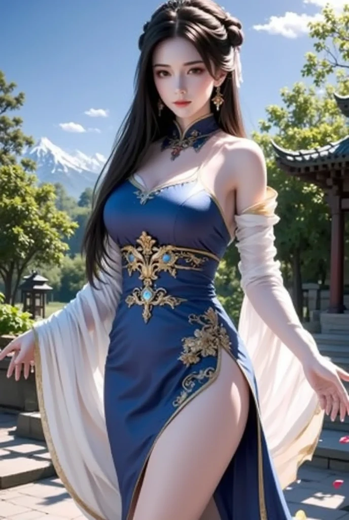 full body,full shot,sfw,russian goddess princess girl in the image of a geisha with big bright blue eyes and long fluffy eyelashes Nordic type with a perfect graceful figure and very long and fluffy wavy hair of bright wheat colour stands in full growth on the alley against the background of blooming Japanese pink sakura in Japanese kimono colour bright navy blue and Japanese shoes gane colour bright navy blue, Girl's lace kimono with intricate patterns with frank cutouts ultra short frankly sexy, Small breasts with protruding are viewable through the fabric and in the girl's ears are beautiful long delicate ear-rings with precious sapphires that shimmer and sparkle in the light The ground on which the girl stands is lavishly strewn with cherry petals, the scene is highly artistic, high resolution, sharp focus, artistic style Migjorni-V5, hyperphotorealism, perfect proportions, golden ratio photo, flare, outline, sunlight, soft glow, soft focus, photography style soft focus through a Monocle lens.
