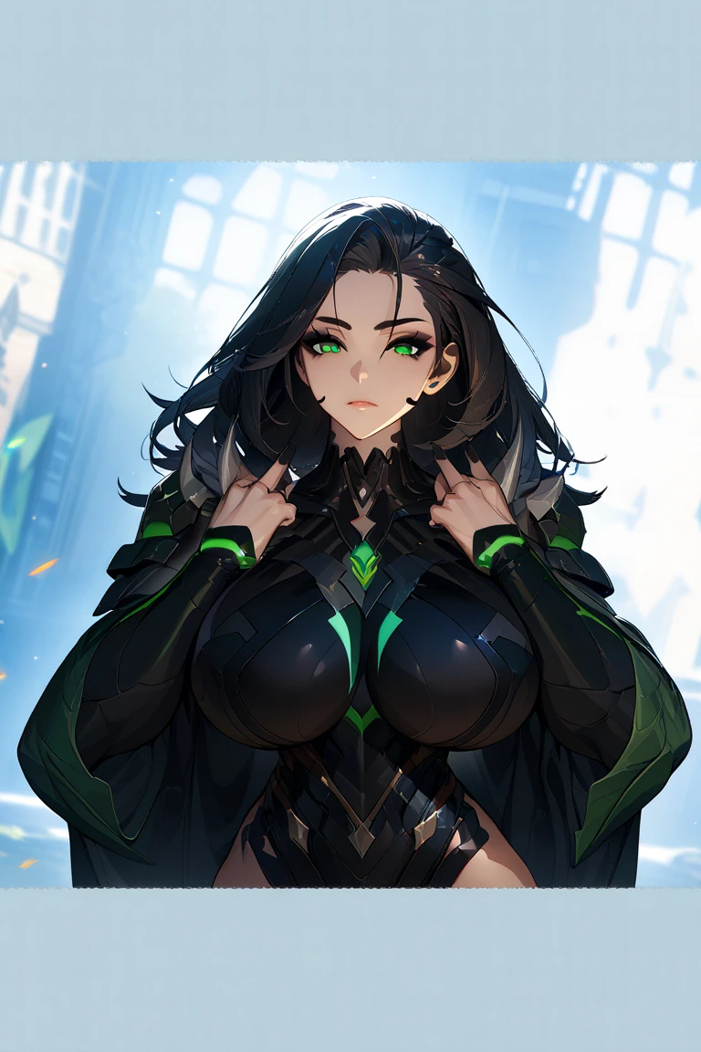 1 of 1 girls, armor, black_hair, Blurred, Blurred_background, Blurred_prospect, chest, green_eye, Closed_mouth, depth_of_Field, Earrings, jewelry, length_hair, Looking_in_Audience, smile, One person in, upper_body